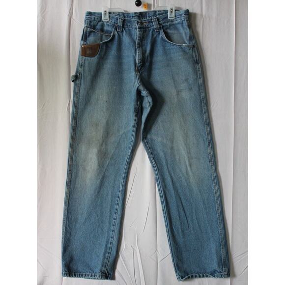 WRANGLER Riggs Workwear Jeans Mens 34x34 Blue Relaxed Fit Med. Fade Denim PHOTOS - Picture 1 of 13